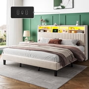 EnHomee King Size Bed Frame with 2-Tier Storage Shelf Upholstered Bed Frame with Headboard & LED Lights & Charge Station,Beige