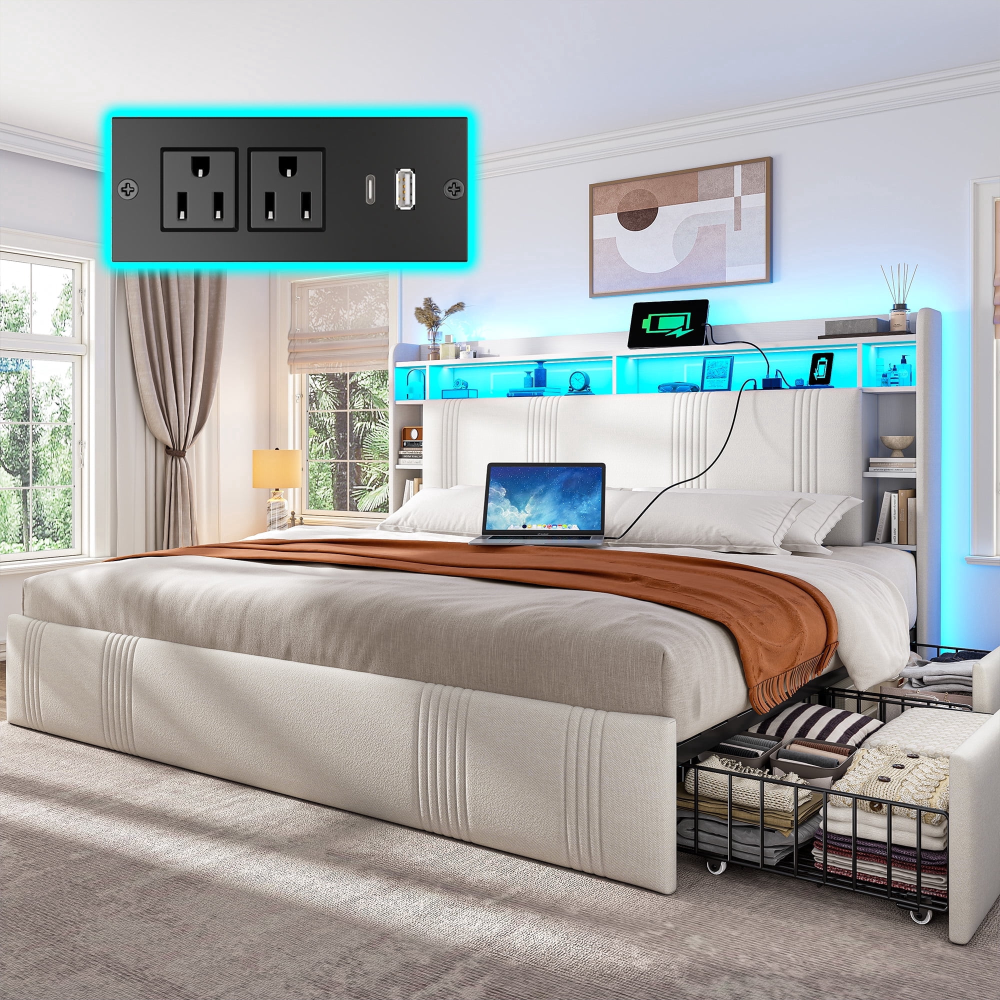EnHomee King Size Bed Frame with 4 Drawers & 3-Tier Storage Shelf Upholstered Bed Frame King with Headboard & LED Lights & Charge Station,Beige