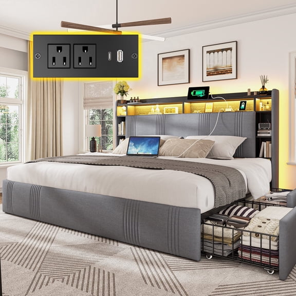 EnHomee King Size Bed Frame with 4 Drawers & 3-Tier Storage Shelf Upholstered Bed Frame King with Headboard & LED Lights & Charge Station,Gray