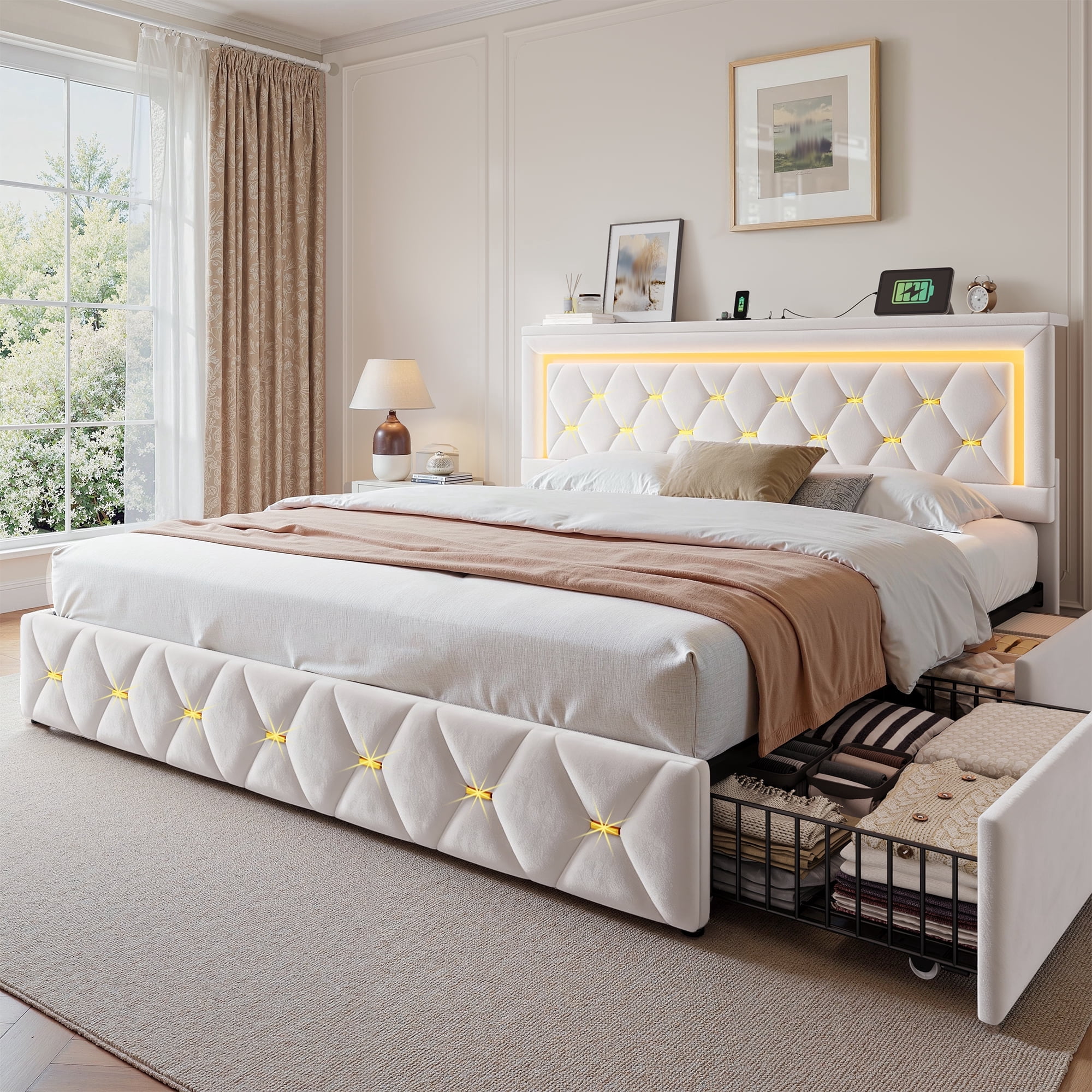 EnHomee King Size Bed Frame with 4 Drawers Upholstered Bed Frame with Storage & Headboard & LED & Charge Station,Beige