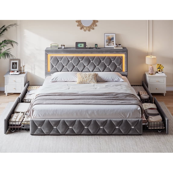 EnHomee King Size Bed Frame with 4 Drawers Upholstered Bed Frame with ...