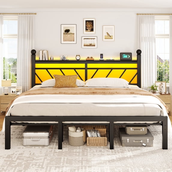 EnHomee King Size Metal Bed Frame with Headboard Metal Platform Bed Frame with Storage Platform Metal Bed Frame King with LED Lights, Noise Free, Black