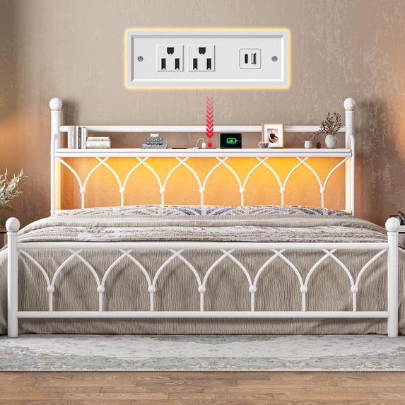 EnHomee King Size Metal Bed Frame with Vintage Headboard & Footboard Metal Platform Bed Frame King with LED Lights Bed Frame with Charge Station & Storage, Noise Free, White