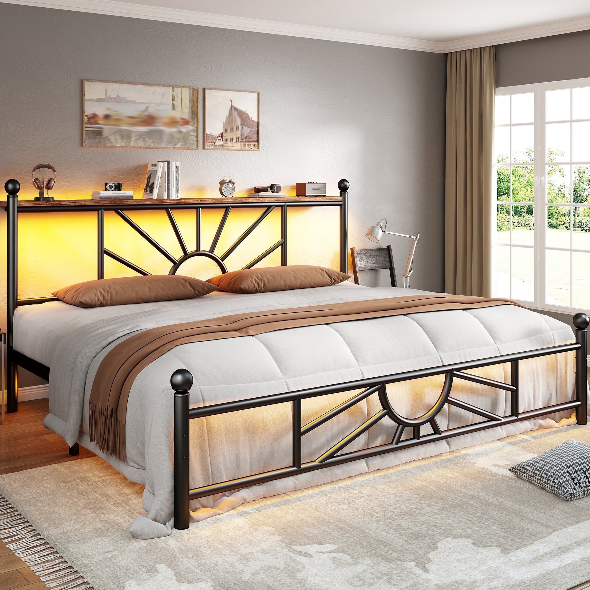 EnHomee King Size Metal Bed Frame with Vintage Headboard & Footboard Metal Platform Bed Frame King with LED Lights & Storage, Noise Free, Black