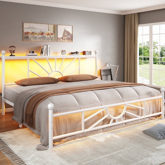 EnHomee King Size Metal Bed Frame with Vintage Headboard & Footboard Metal Platform Bed Frame King with LED Lights & Storage, Noise Free, White