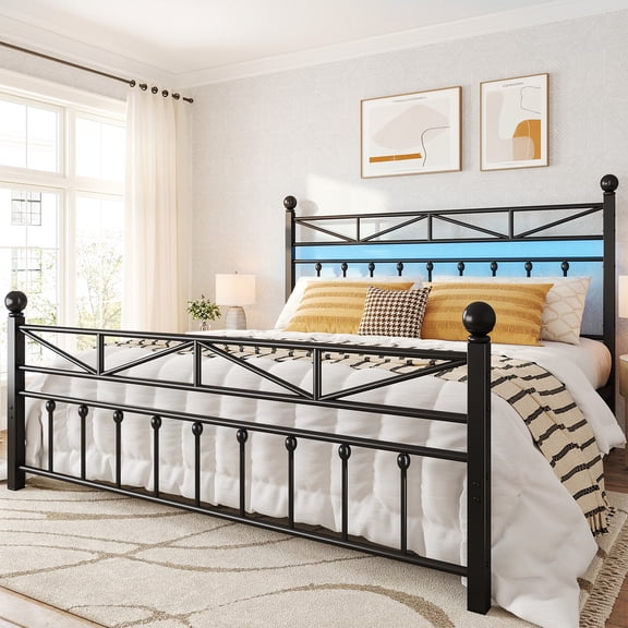 EnHomee King Size Metal Platform Bed Frame Metal Bed Frame King with Headboard & Footboard Bed Frame with LED Lights & Storage,Noise Free,Black