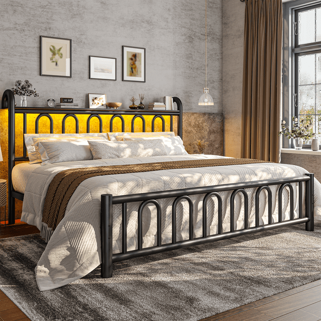 EnHomee King Size Metal Platform Bed Frame with Headboard Metal Bed Frame with LED Lights King Bed Frame with Underbed Storage,Black