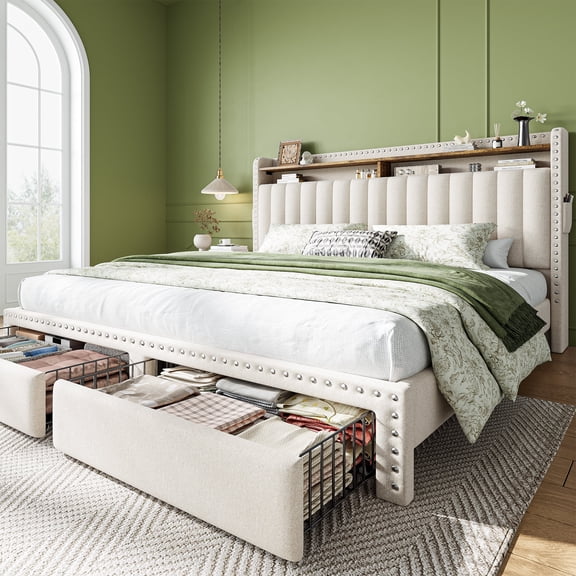 EnHomee King Size Modern Metal and Wood Standard Bed with Storage, Beige