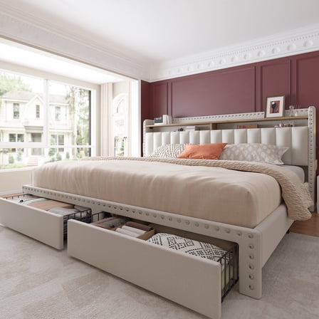 EnHomee King Size Modern Metal and Wood Standard Bed with Storage, Beige