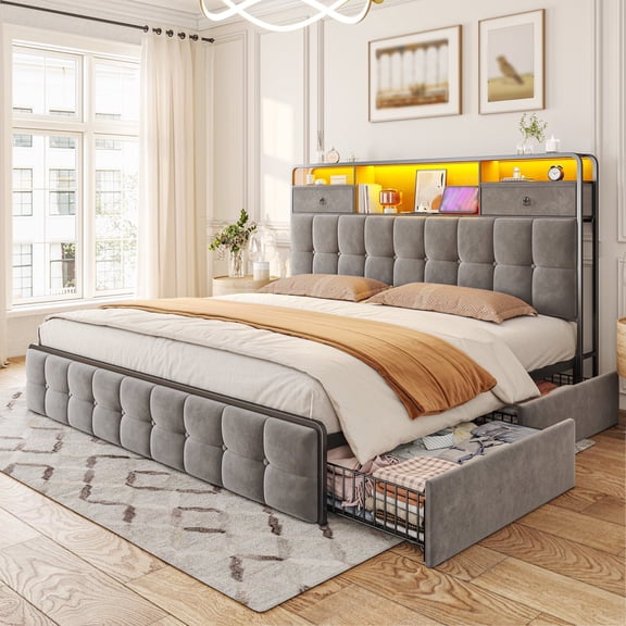EnHomee King Upholstered Bed Frame with Headboard Storage Bed Frame with 4 Storage Drawers & LED Lights  Platform Bed frame with Charging Station,Gray