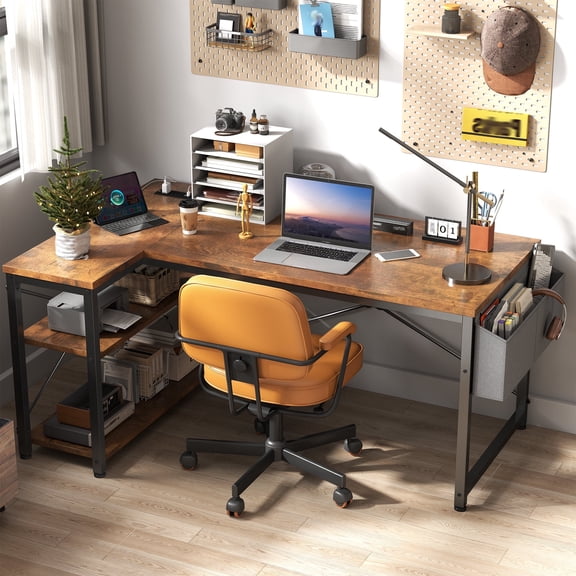 EnHomee L-Shaped Computer Desk with Charging Station, Small Desk with Storage Shelves for Gaming, Writing, Rustic Brown