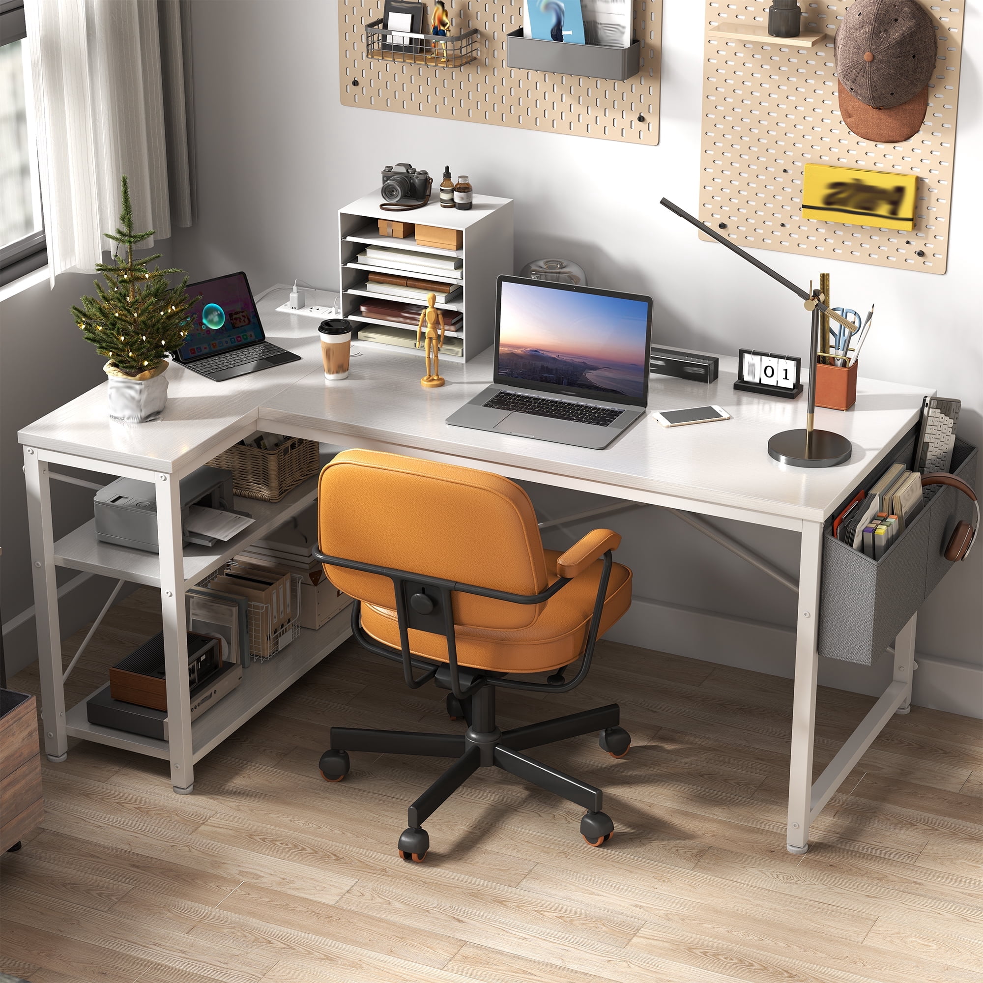 EnHomee L-Shaped Computer Desk with Charging Station, Small Desk with Storage Shelves for Gaming, Writing, White