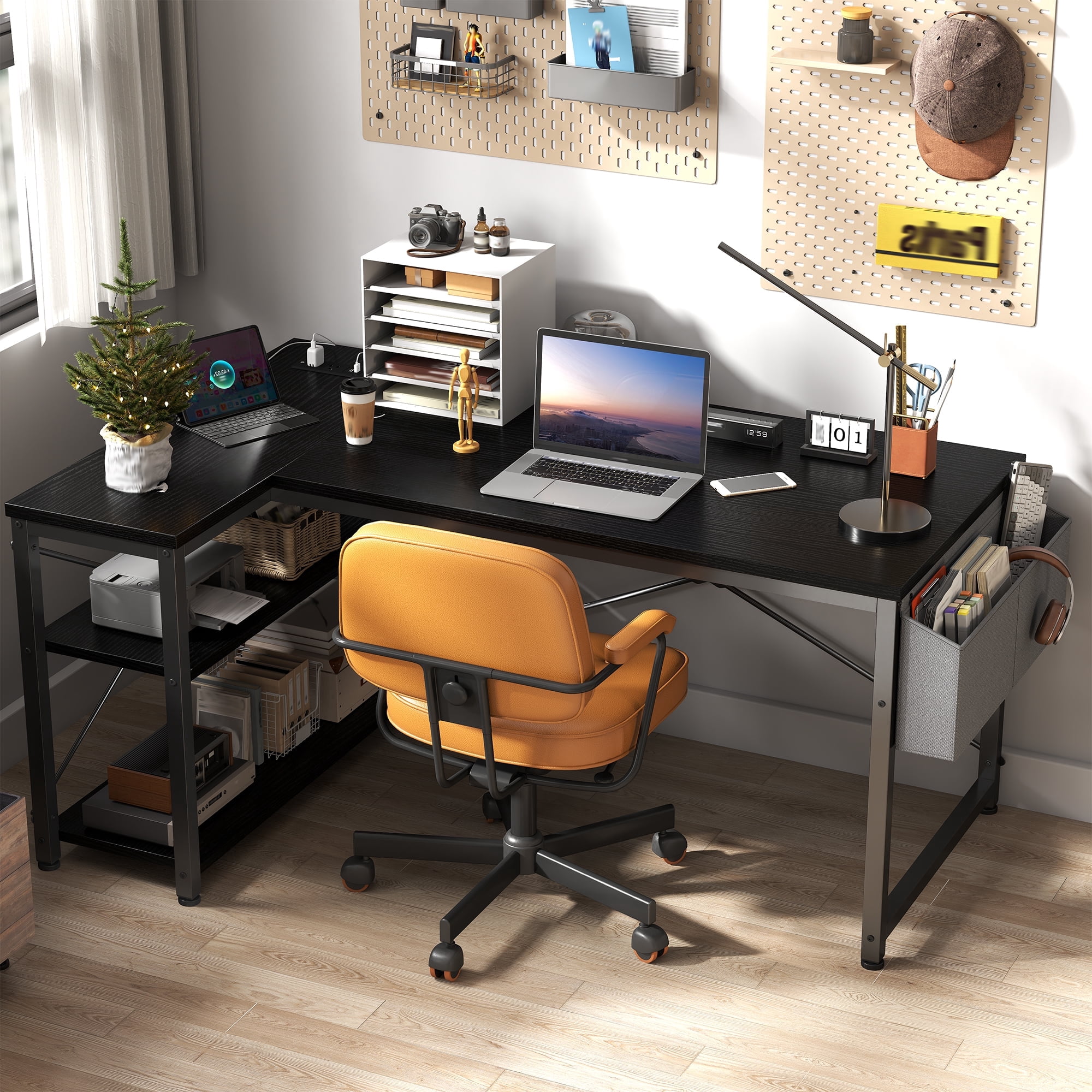 EnHomee L-Shaped Computer Desk with Power Outlets, Office Desk with Storage Shelves for Small Spaces, Black