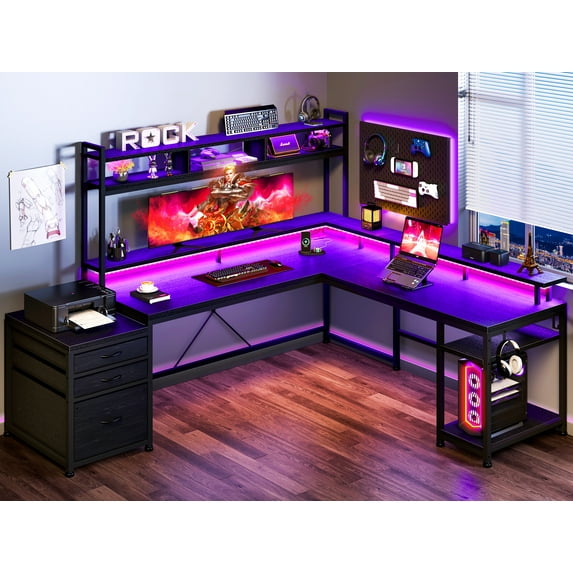 EnHomee L Shaped Desk with LED Light and Outlet,Reversible Gaming Desk with Drawers & Storage Shelf Computer Desk with Removable Monitor Stand,Black Home Office Desks with File Cabinet