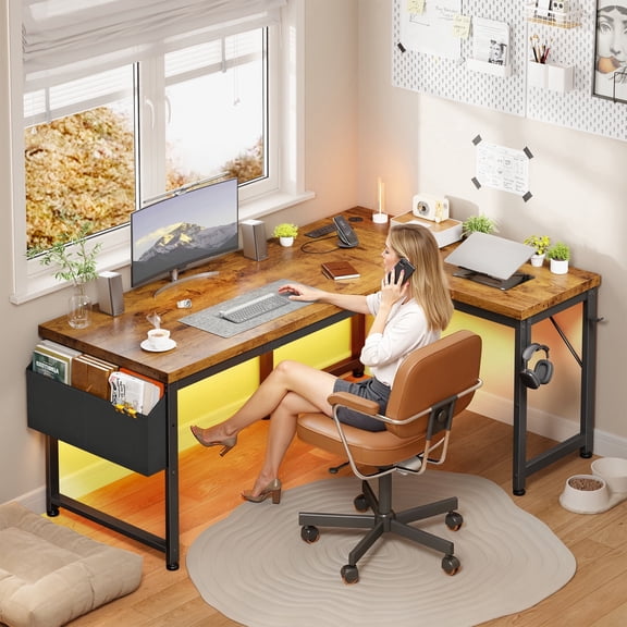 EnHomee L-Shaped Desk with LED Lights Computer Desk with Storage Reversible Gaming Desk with Outlets, Rustic Brown