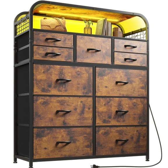 EnHomee LED Dresser for Bedroom with 11 Drawers&Charging Station Fabric Chest of Drawers,Rustic Brown