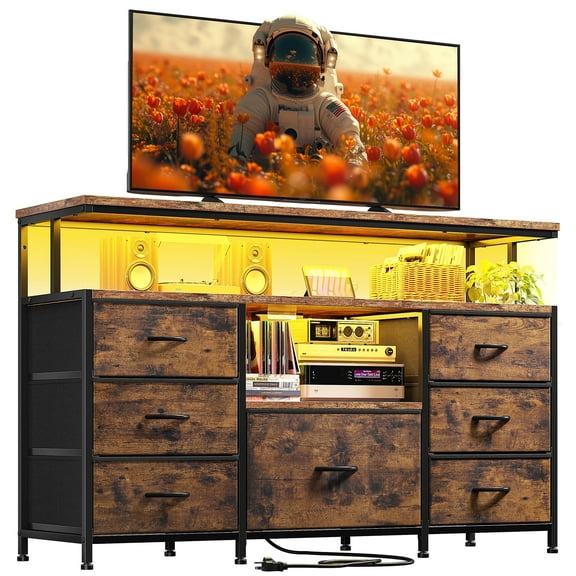 EnHomee LED TV Stand for 55" Dresser for Bedroom with Power Outlets Wide Dresser with 7 Fabric Drawers& Entertainment Center,Rustic Brown