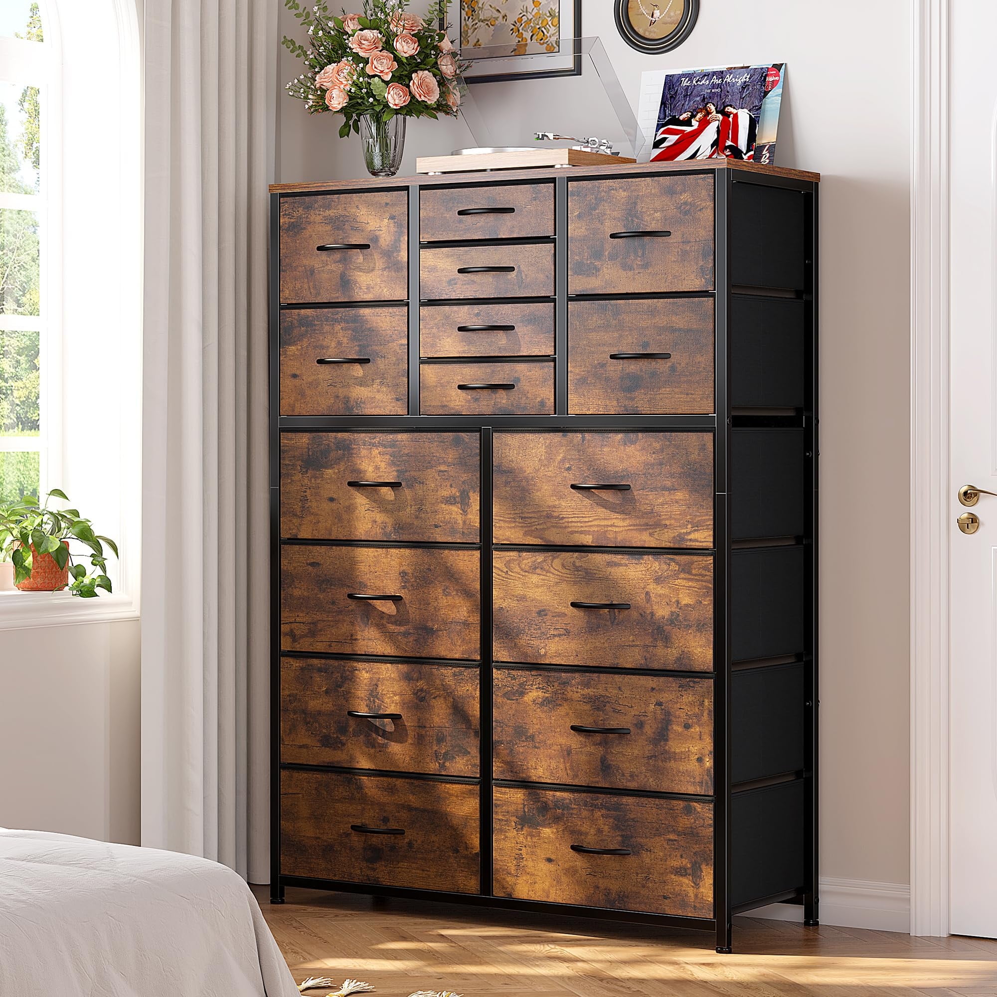 EnHomee 16 Drawers Fabric Tall Dresser Large Dresser for Bedroom Furniture Rustic Brown