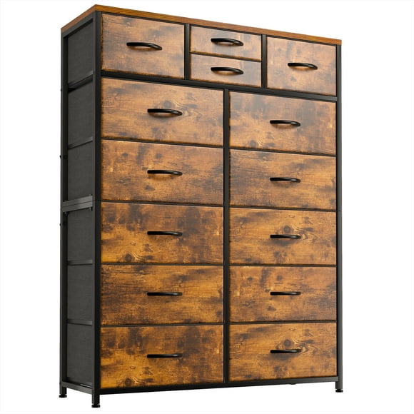 EnHomee Large Dresser for Bedroom Furniture Dresser with 14 Drawers Fabric Tall Dresser Closet Dresser Chest of Drawers Clothes Storage Slim for Living Room Office, Rustic Brown Wood Grain Print