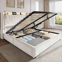 EnHomee Lift up Storage Bed with Headboard Queen Size Bed Frame with LED Light &Charge Station,Beige
