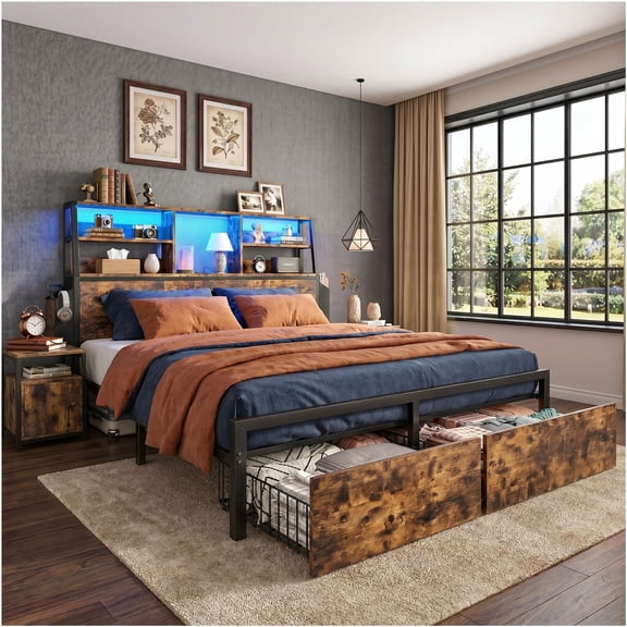 EnHomee Metal Bed Frame with 3-Tier Headboard Full Size Metal Bed Frame with 2 Underbed Drawers & 2 Bedside Fabric Drawers & LED Lights & Charge Station,Rustic Brown