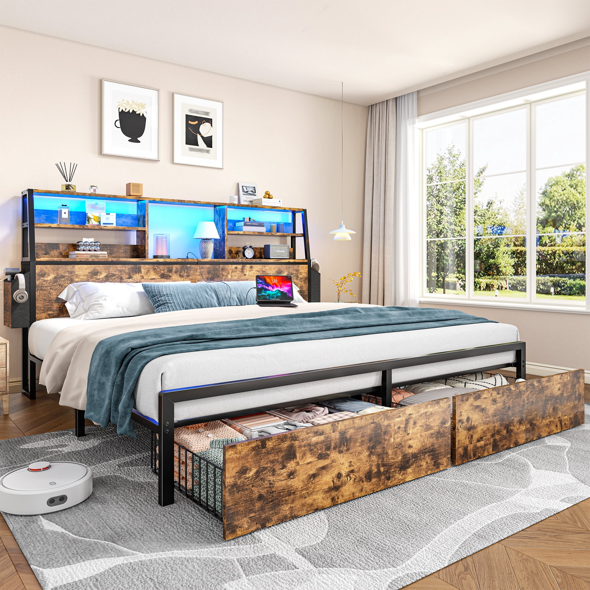 EnHomee Metal Bed Frame with 3-Tier Storage Headboard King Size Metal Bed Frame with 2 Underbed Drawers & 2 Bedside Fabric Drawers & LED Lights & Charge Station,Rustic Brown