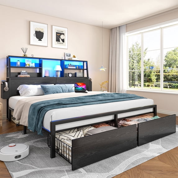 EnHomee Metal Bed Frame with 3-Tier Storage Headboard Queen Size Metal Bed Frame with 2 Underbed Drawers & 2 Bedside Fabric Drawers & LED Lights & Charge Station,Black