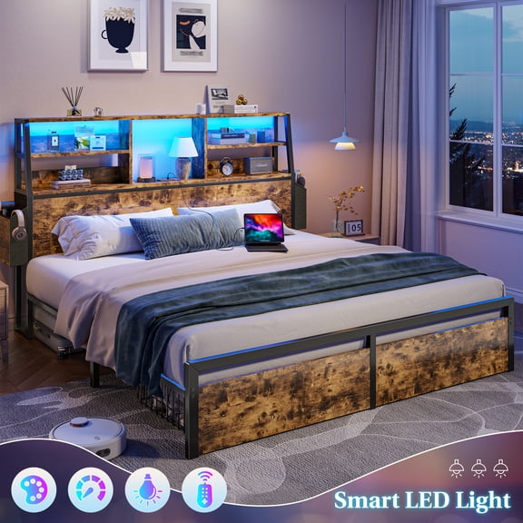 EnHomee Metal Bed Frame with 3-Tier Storage Headboard Queen Size Metal Bed Frame with 2 Underbed Drawers & 2 Bedside Fabric Drawers & LED Lights & Charge Station,Rustic Brown