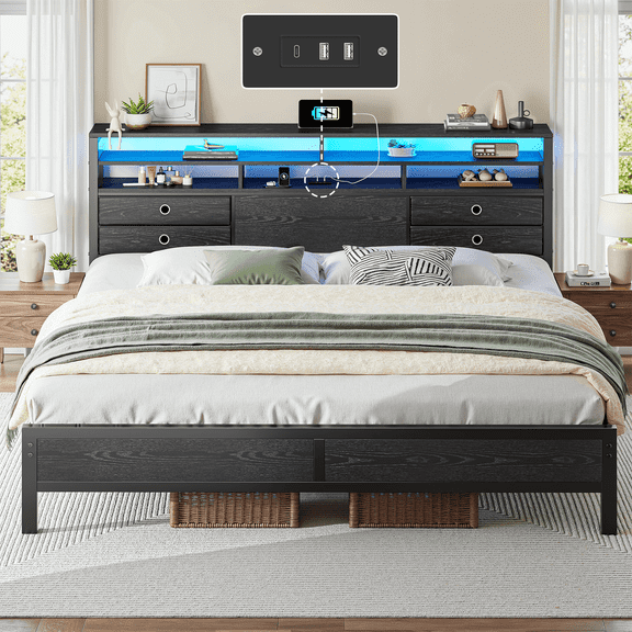 EnHomee Metal Bed Frame King with Headboard Metal Bed Frame with 4 Storage Drawers & 2-Tier Shelf & LED Light & Charge Station,Black