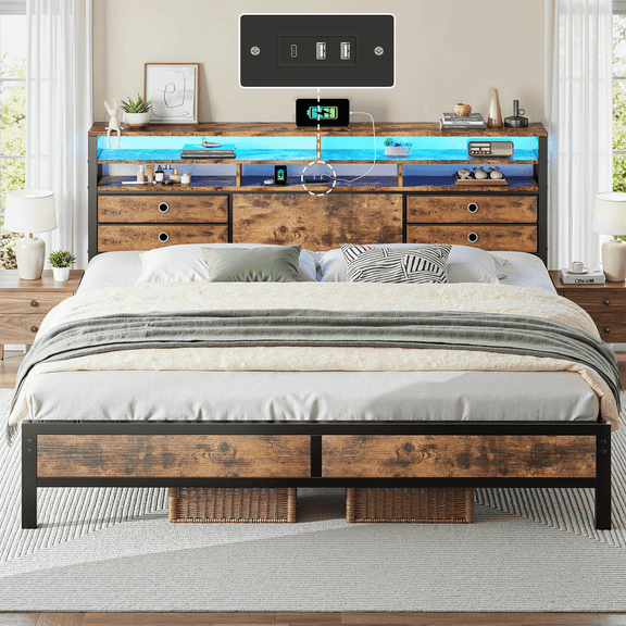 EnHomee Metal Bed Frame King with Headboard Metal Bed Frame with 4 Storage Drawers & 2-Tier Shelf & LED Light & Charge Station,Rustic Brown