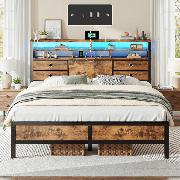 EnHomee Metal Bed Frame Queen with Headboard Metal Bed Frame with 4 Storage Drawers & 2-Tier Shelf & LED Light & Charge Station,Rustic Brown