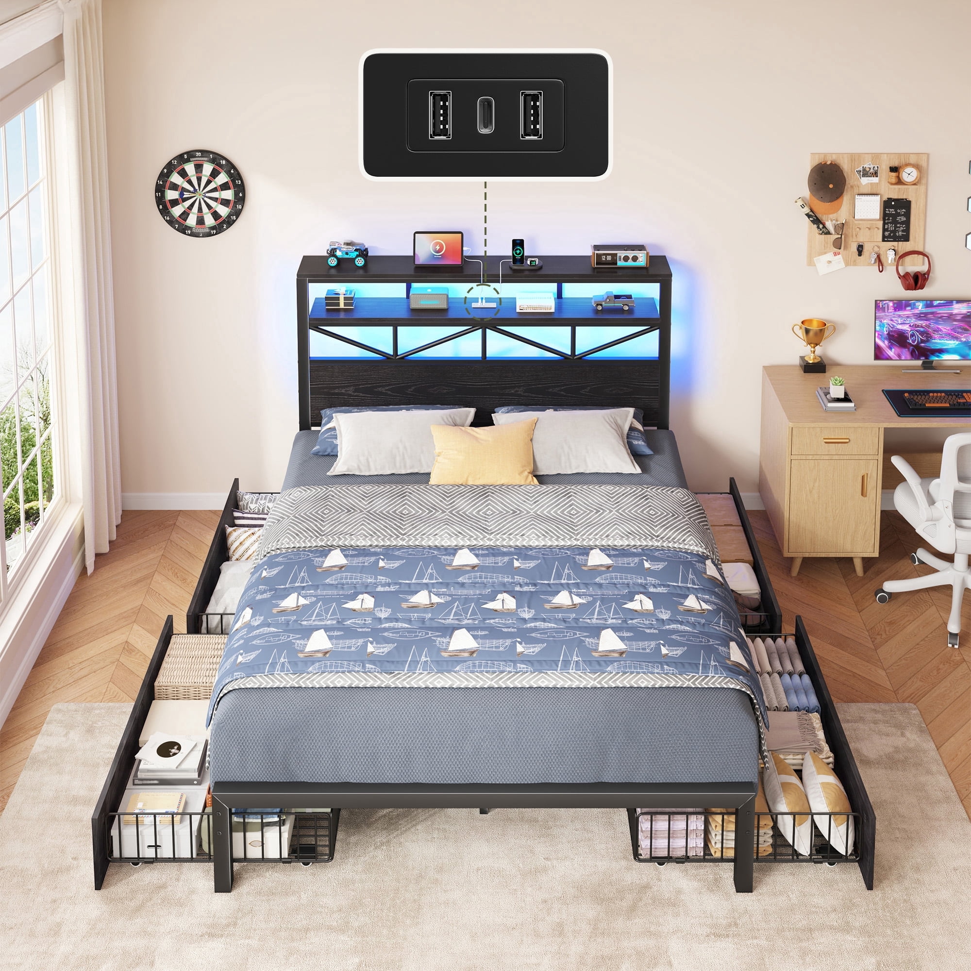 EnHomee Metal Bed Frame with 4 Drawers Full Size Metal Bed Frame with 2 ...