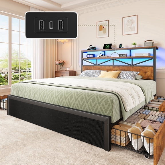 EnHomee Metal Bed Frame with 4 Drawers King Size Metal Bed Frame with 2-Tier Storage Headboard & LED Light & Charge Station,Rustic Brown