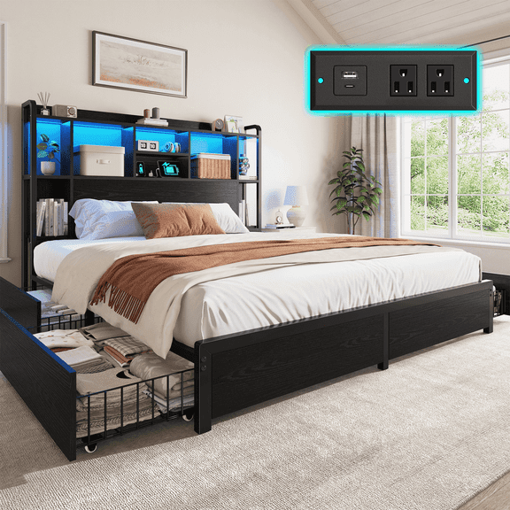 EnHomee Metal Bed Frame with 4 Storage Drawers Full Size Bed Frame with Storage Headboard & 3-Tier Shelf & Charge Station, Black