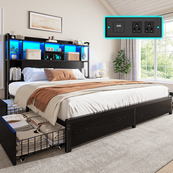EnHomee Metal Bed Frame with 4 Storage Drawers Queen Size Bed Frame with Storage Headboard & 3-Tier Shelf & Charge Station, Black