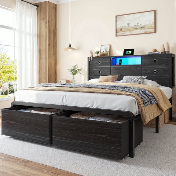 EnHomee Metal Bed Frame with 8 Storage Drawers Metal Bed Frame Queen with Headboard & LED Light & Charge Station,Black
