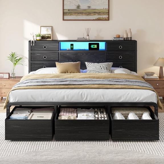 EnHomee Metal Bed Frame with 9 Storage Drawers Metal Bed Frame King with Headboard & LED Light & Charge Station,Black