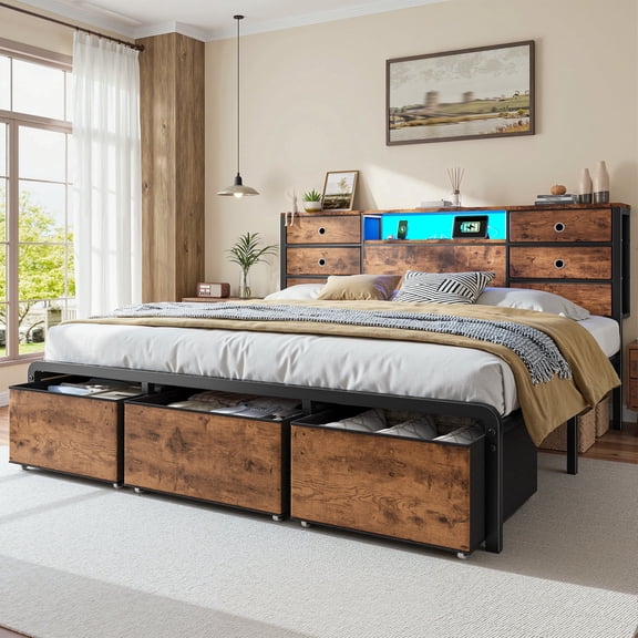 EnHomee Metal Bed Frame with 9 Storage Drawers Metal Bed Frame King with Headboard & LED Light & Charge Station,Rustic Brown