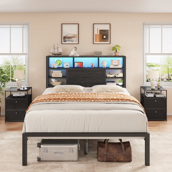EnHomee Metal Platform Bed Frame with Headboard Full Size Bed Frame with 4-Tier Storage Shelf & 3 Open Compartments & LED Lights & Charging Station ,Black