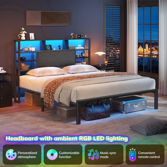 EnHomee Metal Platform Bed Frame with Headboard Queen Size Bed Frame with 4-Tier Storage Shelf & 3 Open Compartments & LED Lights & Charging Station ,Black