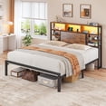 thumbnail image 1 of EnHomee Metal Platform Bed Frame with Headboard Queen Size Bed Frame with 4-Tier Storage Shelf & 3 Open Compartments & LED Lights & Charging Station ,Rustic Brown, 1 of 9