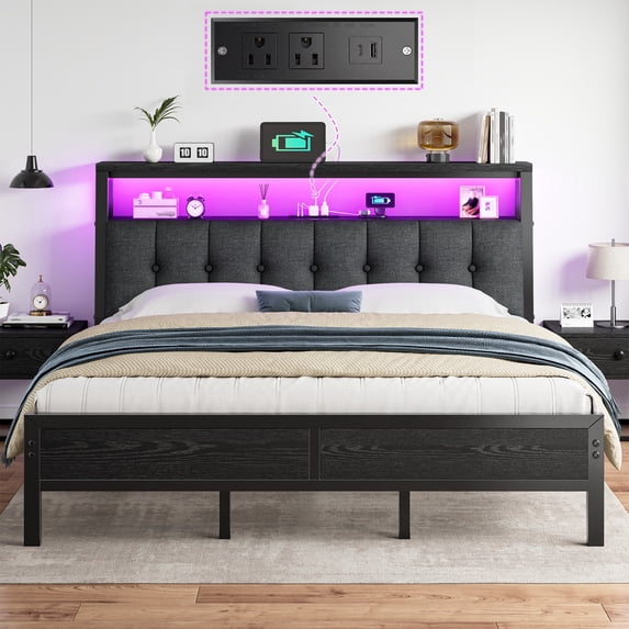 EnHomee Metal Platform Bed Frame King Size with Headboard Upholstered Bed with 2-Tier Storage Shelf & Charge Station & LED Light,Black