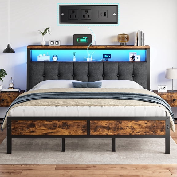 EnHomee Metal Platform Bed Frame King Size with Headboard Upholstered Bed with 2-Tier Storage Shelf & Charge Station & LED Light,Rustic Brown