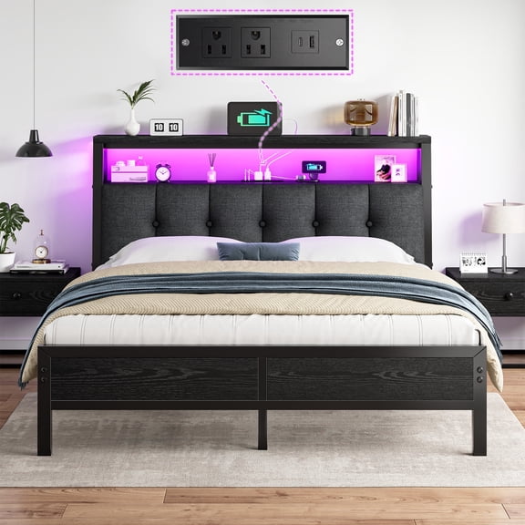 EnHomee Metal Platform Bed Frame Queen Size with Headboard Upholstered Bed with 2-Tier Storage Shelf & Charge Station & LED Light,Black