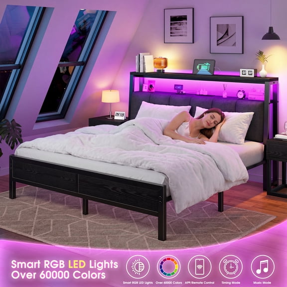 EnHomee Metal Platform Bed Frame Queen Size with Headboard Upholstered Bed with 2-Tier Storage Shelf & Charge Station & LED Light,Black