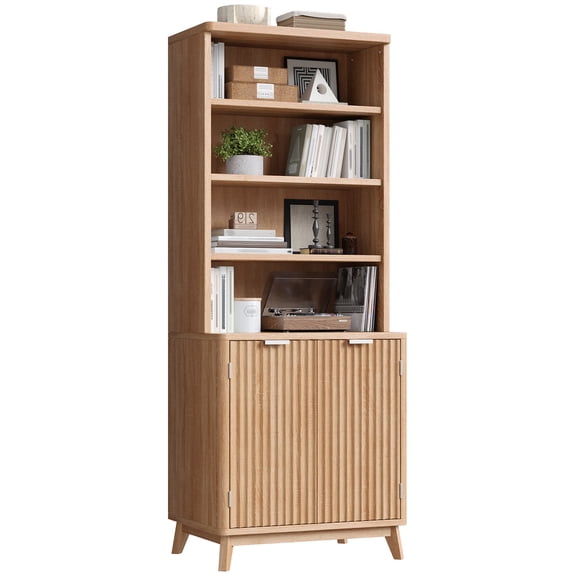 EnHomee Mid-Century Modern Bookcase, 70.9" Tall Storage Cabinet with Fluted Doors & Adjustable Shelves, for Living Room, Home Office, Library, Kitchen,Oak