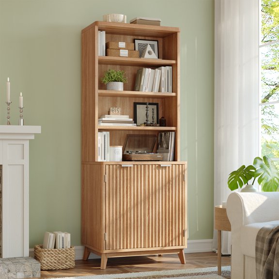 EnHomee Mid-Century Modern Bookcase, 70.9" Tall Storage Cabinet with Fluted Doors & Adjustable Shelves, for Living Room, Home Office, Library, Kitchen,Oak
