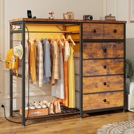 Snhomee Modern Dresser with Clothes Rack Bedroom Dresser with Hanging Rack & Side Storage Drawers Dresser with Fabric Drawers & LED Lights