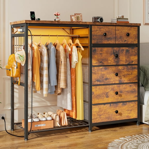 Snhomee Modern Dresser with Clothes Rack Bedroom Dresser with Hanging Rack & Side Storage Drawers Dresser with Fabric Drawers & LED Lights