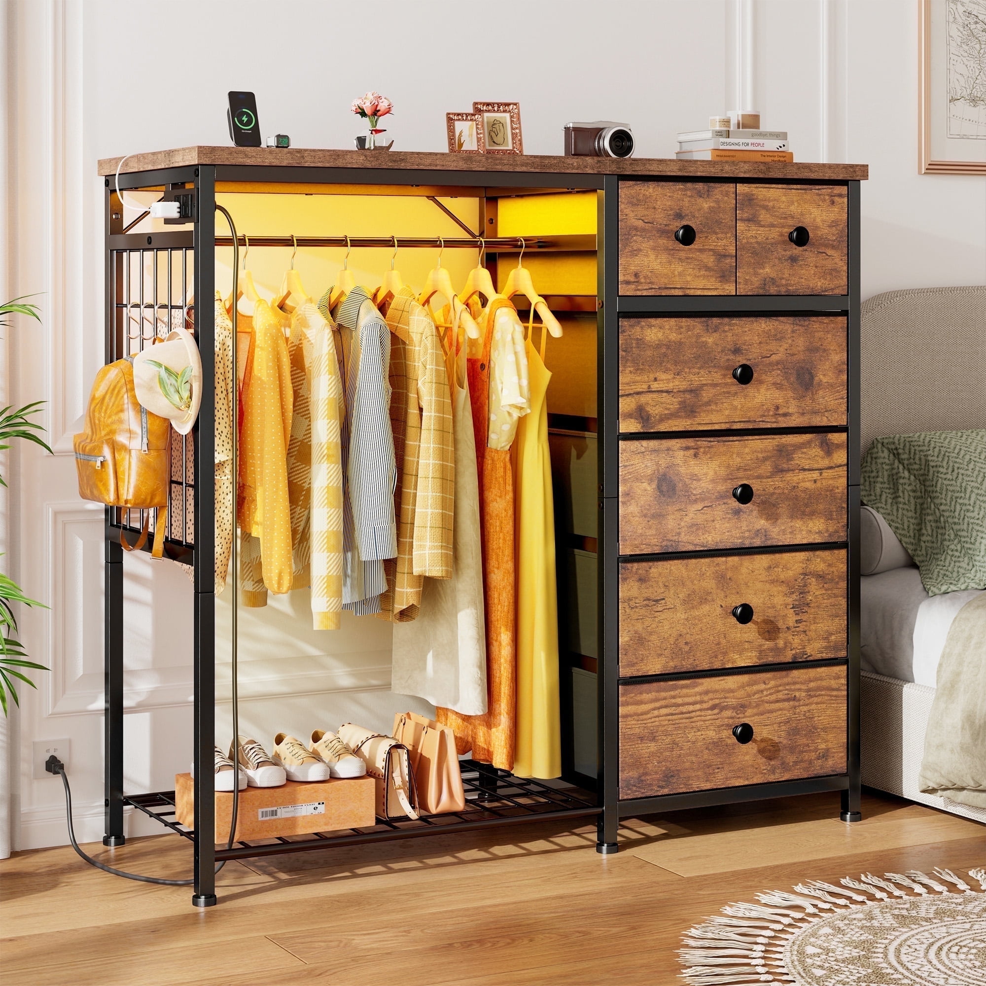 EnHomee Modern Dresser with Clothes Rack Bedroom Dresser with Hanging Rack Side Storage Chest of Drawers Dresser with Fabric Drawers LED Lights